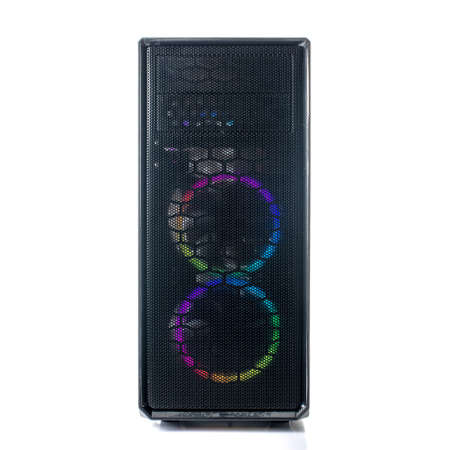 Studio shot of black Gaming desktop pc with rgb lights and visible components. Isolated on white background.の写真素材