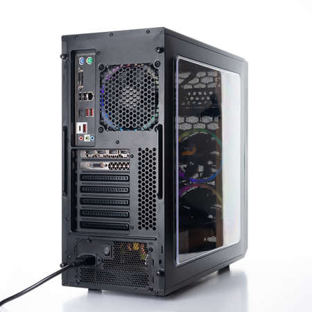 Studio shot of black Gaming desktop pc with rgb lights and visible components. Isolated on white background.の写真素材