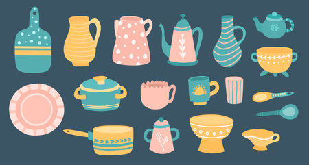 Hand drawn textured colorful kitchen cartoon ceramic tableware set vectorのイラスト素材