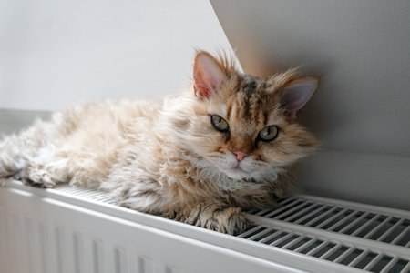 A well-groomed Selkirk Rex cat lies on a radiator by an attic windowの写真素材