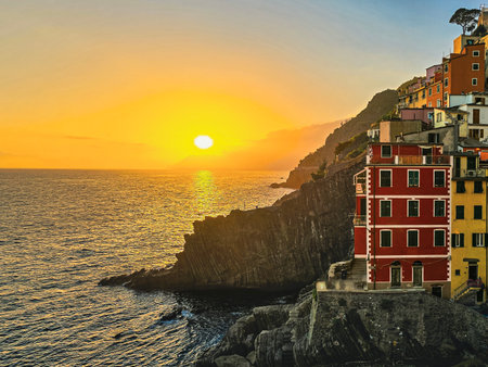 Sunset in Riomaggiore, the colorful sites of Cinque Terreの写真素材