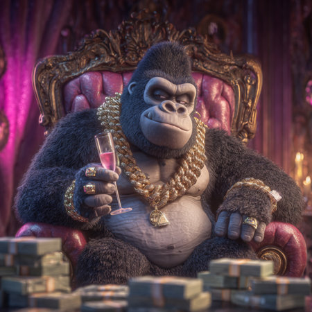 Gorilla with a glass of champagne in a royal armchair