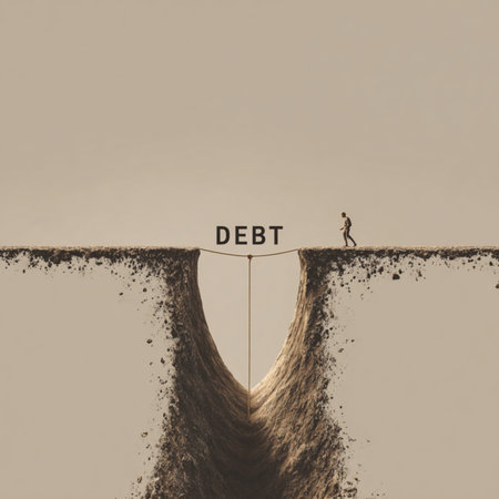 Conceptual image of a man standing on the edge of a cliff with the word Debt.の写真素材