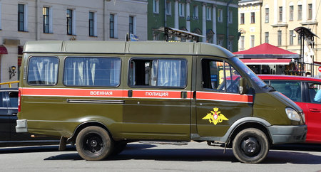 The car of the Russian military police, Pevcheskiy bridge Saint Petersburg Russia may 2018のeditorial素材