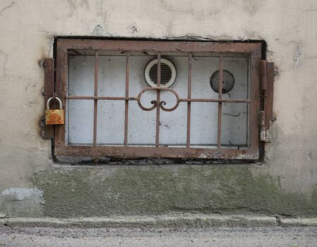 A basement window with a metal barrier
