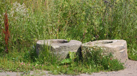 Abandoned old concrete rings in the green grass