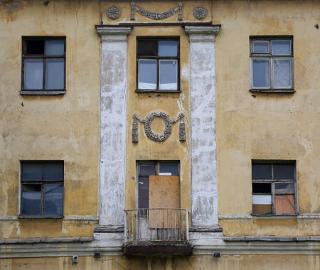 Facade of an old non-residential building, 13 Utkin prospekt, Saint Petersburg, Russia, August 2020のeditorial素材