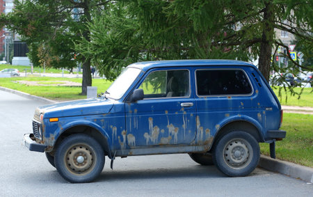 Old blue short-wheelbase with rust spots, Klochkov pereulok