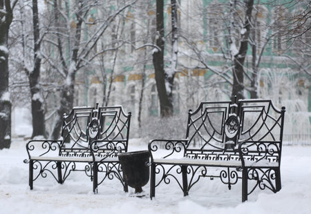 Two black metal benches in the park in winter, Palace Passage, St. Petersburg, Russia, December 2021のeditorial素材