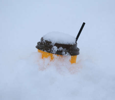 Black and yellow plastic cup in the snowの写真素材