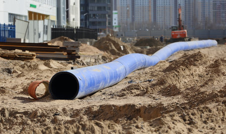 A long plastic blue sewer pipe lies on the sandの写真素材
