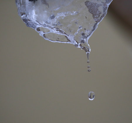 Separation of a drop of water from a melting ice icicleの写真素材