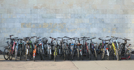 A large number of rental bicycles in a special parking lotの写真素材