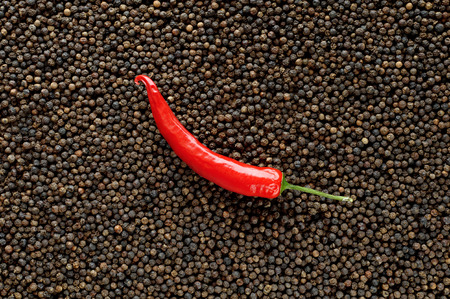 closeup red peppers on black peppercornsの写真素材