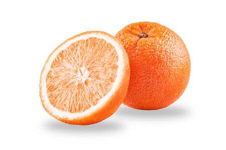 Macro photo of whole fruit orange and slice isolated on white background with shadowsの写真素材