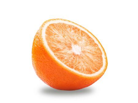 Macro photo of whole fruit orange and slice isolated on white background with shadowsの写真素材
