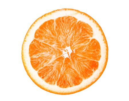 Macro closeup photo of slice of orange fruit isolated on white backgroundの写真素材
