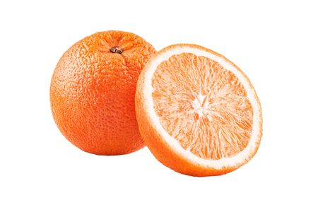 Macro photo of whole fruit orange and slice isolated on white backgroundの写真素材