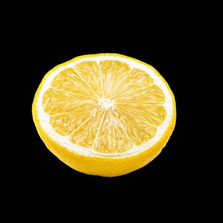 Macro closeup photo of slice lemon fruit isolated on black backgroundの写真素材
