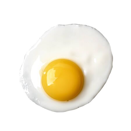Close-up photo of fried egg isolated on white backgroundの写真素材