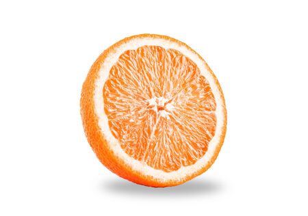 Closeup photo of slice of orange fruit isolated on white background with shadowの写真素材