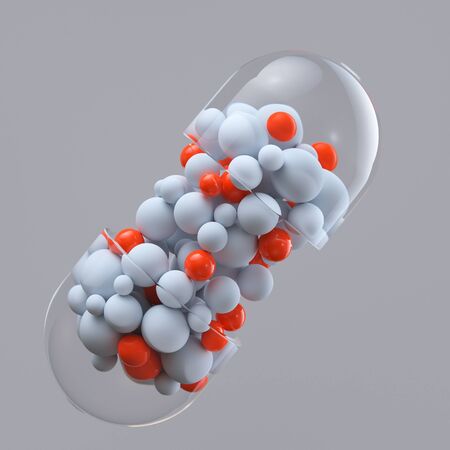 Close-up open capsule or pill antibioic painkiller with many spheres medicine inside. Health medical concept. 3d renderの写真素材