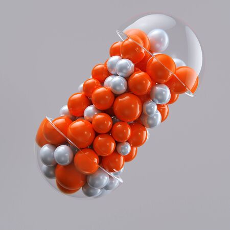 Close-up open capsule or pill antibioic painkiller with many spheres medicine inside. Health medical concept. 3d renderの写真素材