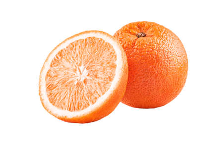 Macro photo of whole fruit orange and slice isolated on white backgroundの写真素材
