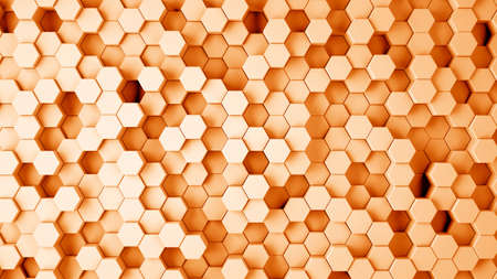 Abstract orange hexagonal sci-fi honeycomb geometrical background. 3d renderingの写真素材