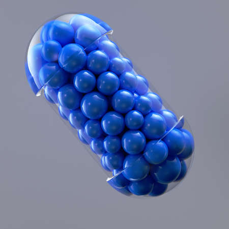 Close-up open capsule or pill antibioic painkiller with many spheres medicine inside. Health medical concept. 3d renderの写真素材