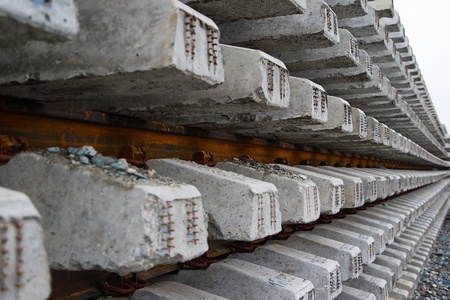 rails and sleeper grating stockpiled in several tiersの写真素材