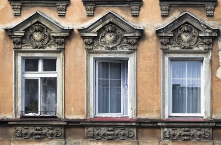 Three windows in an old house  Wroclaw  Polandの写真素材