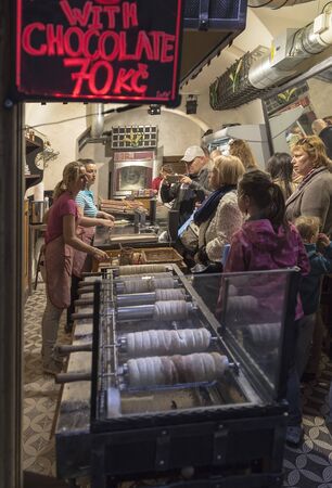 PRAGUE, CZECH REPUBLIC - MAY 02, 2015: A small bakery where they bake trdelniki - national sweet buns on May 2, 2015.のeditorial素材