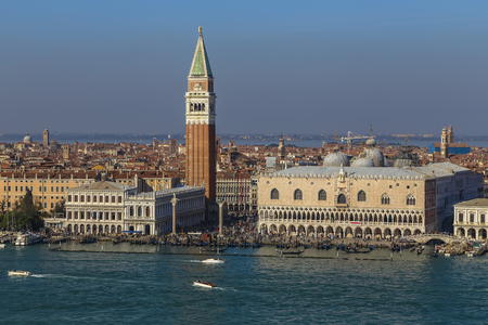 View of Piazza San Marco and the Doge's Palace from the bell tower of the Cathedral of San Giorgio Maggiore in Venice. Italyのeditorial素材