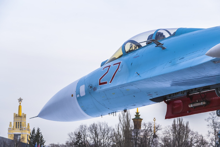 MOSCOW, RUSSIA - FEBRUARY 28, 2016: Faselage fragment and cockpit of the Su-27 fighter aircraft, installed as an exhibit at the Exhibition of Achievements of the National Economy (VDNH). Moscow. Russiaのeditorial素材
