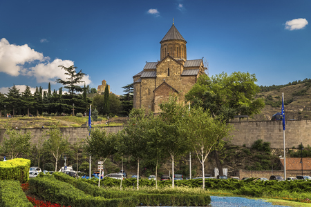 Georgia, Tbilisi - Metekhi Temple - Church in the name of the Assumption of the Blessed Virgin Mary in Tbilisi and Tabor Monastery of the Transfigurationの写真素材