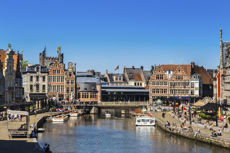 Ghent, Belgium - Lys River Embankment and Old Houses in the City Center