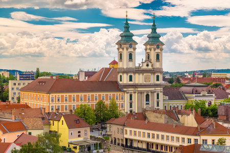 Eger, Hungary - View of the center of the historical part of the city, Church of Anthony of Padua and Dobo Istvan Squareのeditorial素材