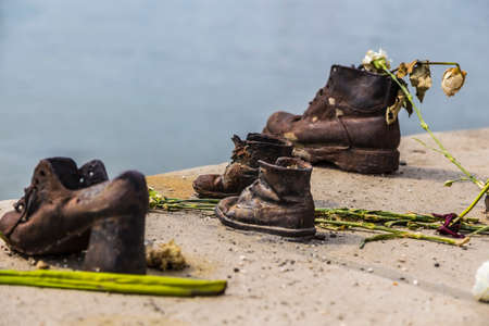 BUDAPEST, HUNGARY-MAY 03, 2014: Shoes on the Danube Embankment-a memorial on the banks of the Danube in Budapestのeditorial素材