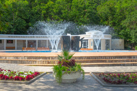 RUSSIA, ZHELEZNOVODSK-AUGUST 11, 2021: Smirnovsky mineral water source in the Resort Park with a fountain in the foregroundのeditorial素材