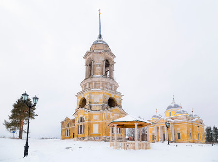 Russia, Tver Oblast, Staritsa - The Church of the Savior Not Made by hands and the Cathedral of Boris and Gleb, located on the Old Town opposite the Svyato-Uspensky Monastery.の写真素材