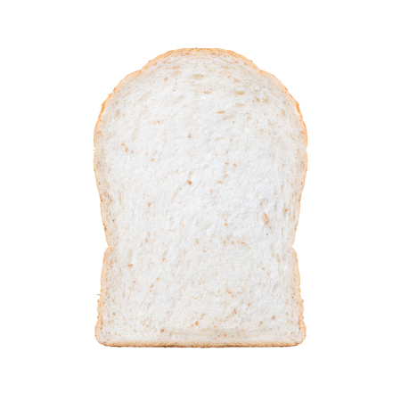 Close-up image of one slice of white bread against the white background