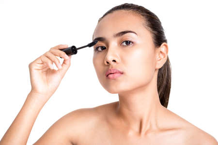 Woman with beautiful face on white backgroundの写真素材