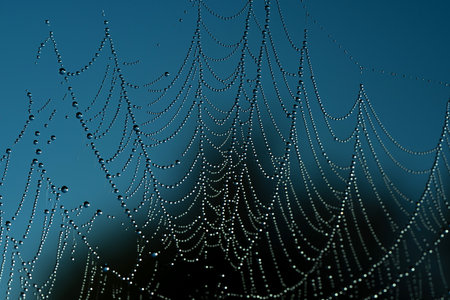 Drops of morning dew turned the web into patterns of a magical sparkling necklace, close-upの写真素材