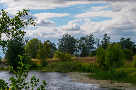 summer fantasy landscape with overgrown river bank and colorful cloudy sky