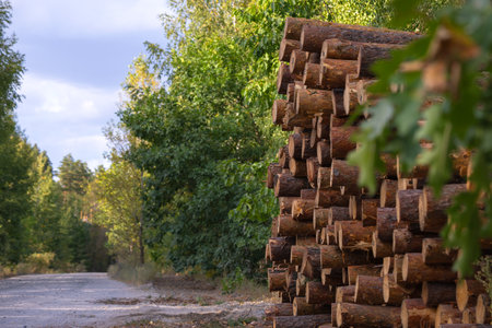 a neatly stacked pile of freshly cut logs ready for processing against the backdrop of a young...