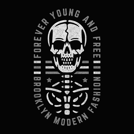 Retro skeleton. Vintage print for t-shirt. Bizarre dead skull. Forever young and free. Brooklyn. Modern fashion.のイラスト素材