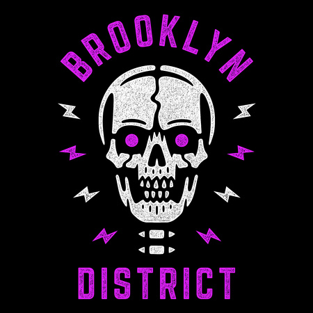 Brooklyn district. Retro white skull. Vintage violet print for t-shirt. Bizarre cool dead head.のイラスト素材