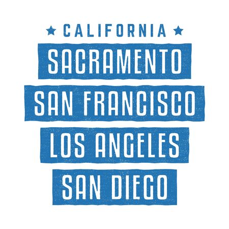 California. Los Angeles. Sacramento. San Francisco. San Diego. Retro grunge print. Vintage banner.のイラスト素材