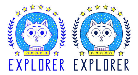 Cute kitty head. Colorful cat astronaut logo. Art for t-shirt.のイラスト素材